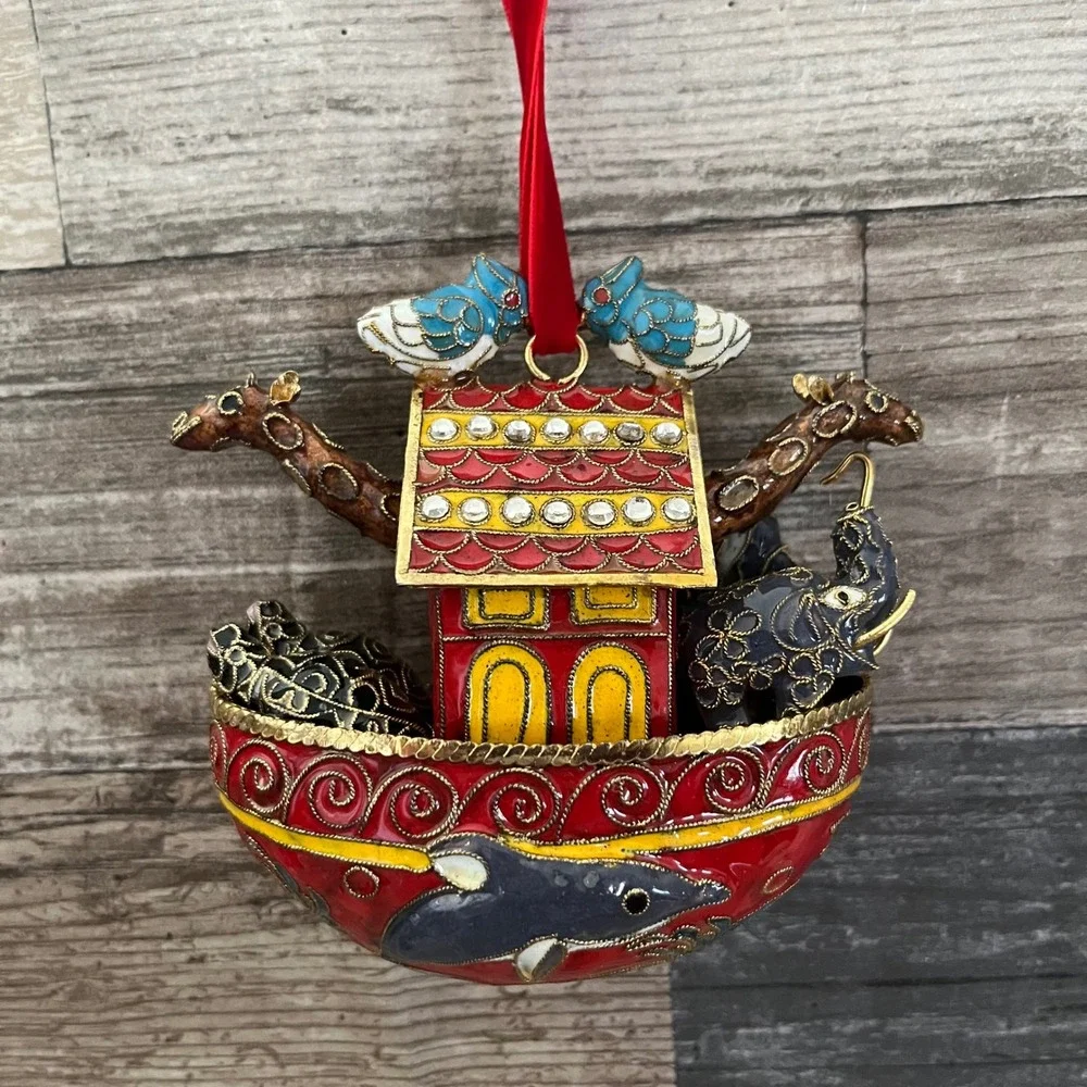 Cloisonne Noahs Ark Ornament 2007 Enamel Filigree Animals Rhinestone Religious